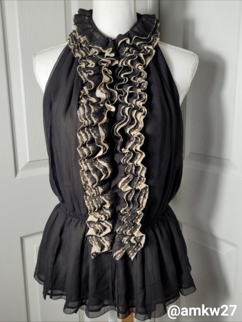 NWT Ruffle Collar & Front Top Chiffon & Lace Sleeveless Black & Tan Size Medium